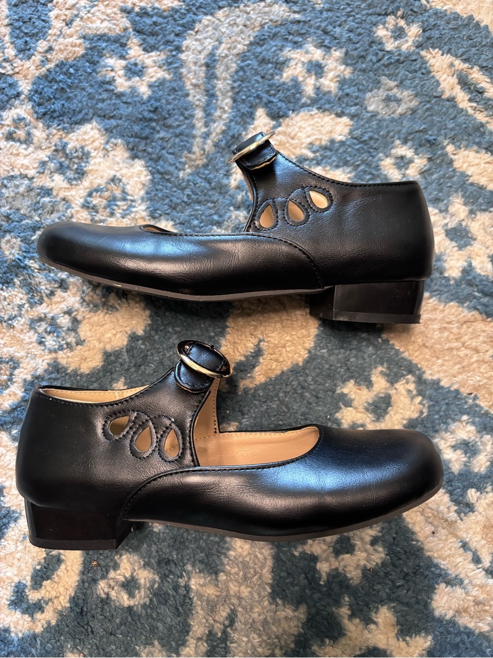 Black Leather Mary Jane Flats with Cutout Detail